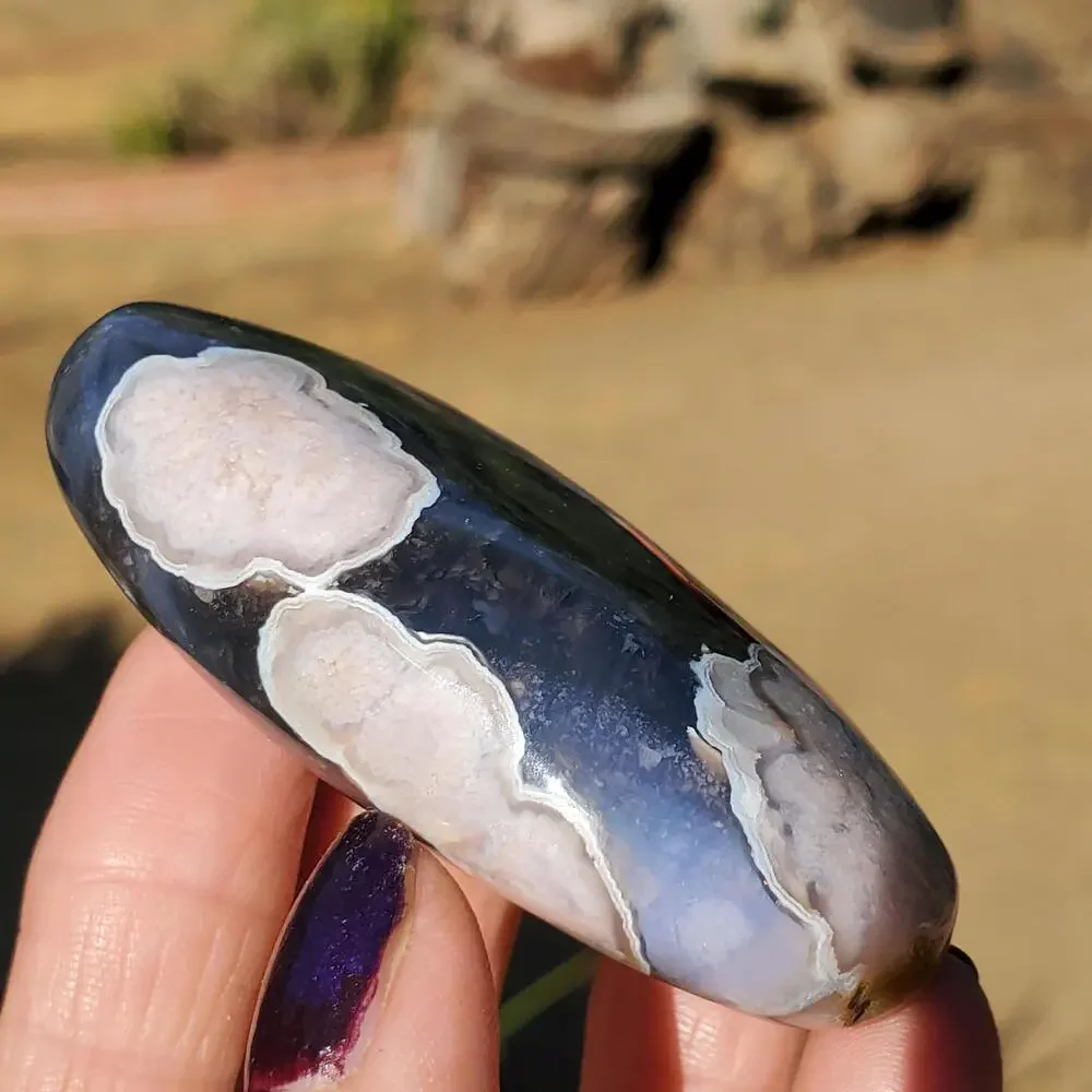 Blue Flower Blossom Agate Translucent Palmstone Crystal 68 grams